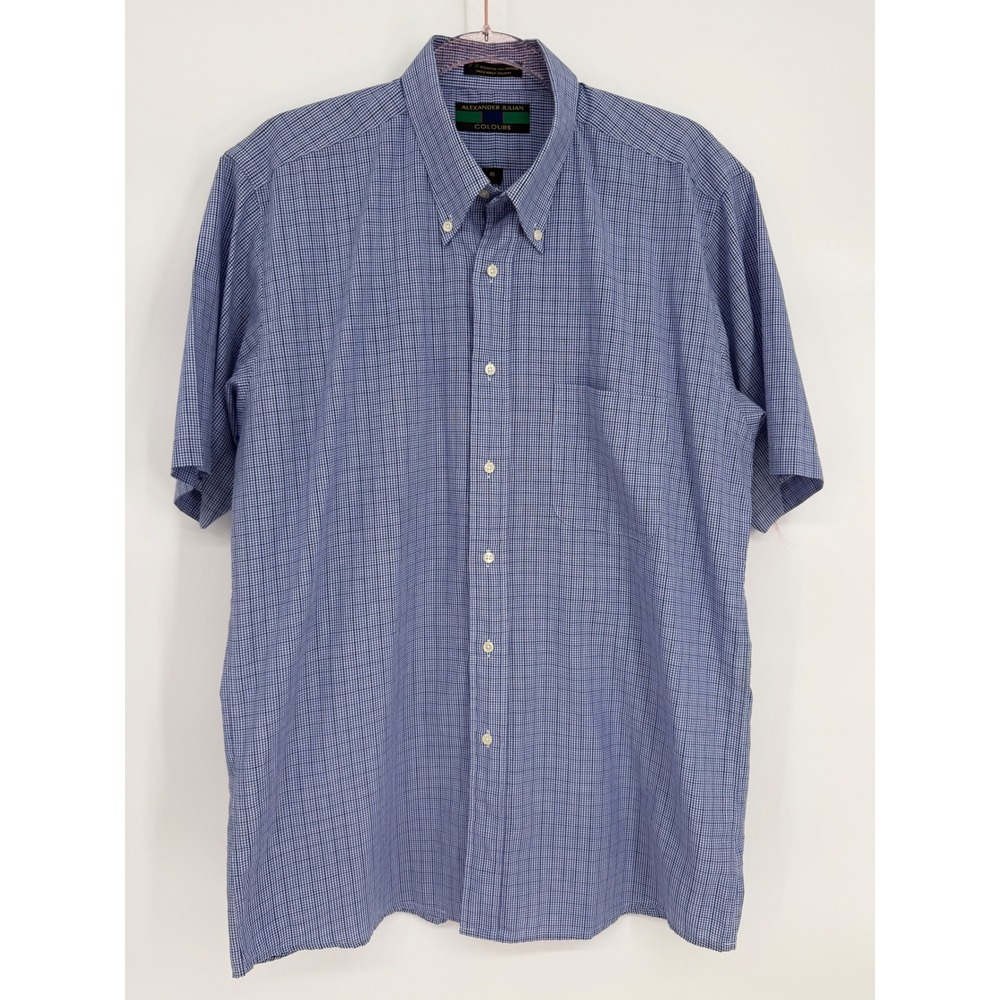 Alexander Julian Colours Mens Blue Short Sleeve Button‎ Down Shirt Sz 16